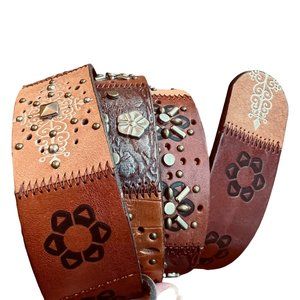 Fossil Western Brown Leather Mixed Media Studded Unisex Belt Size Large